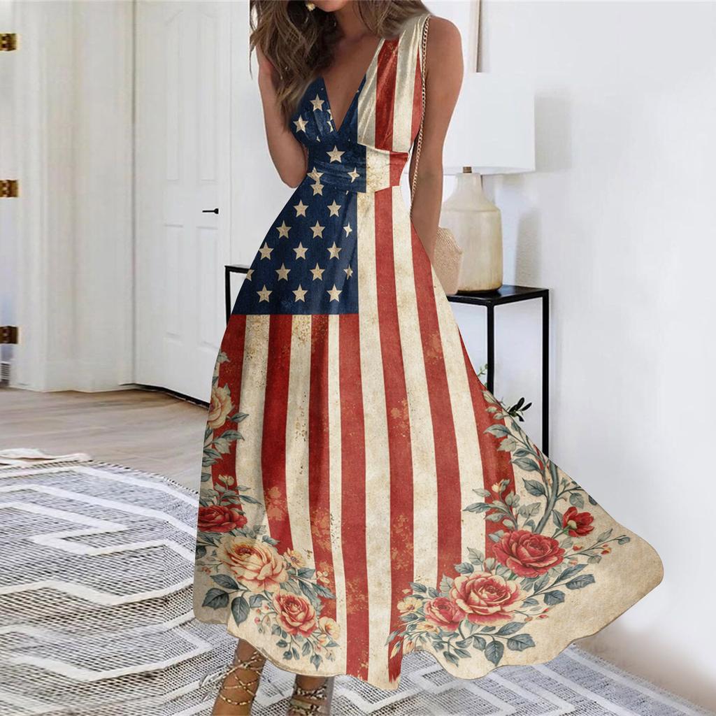 Women Sleeveless V Neck Waist Tie Maxi Dress with Independence Day Flag and Floral Print for Summer Casual Outings