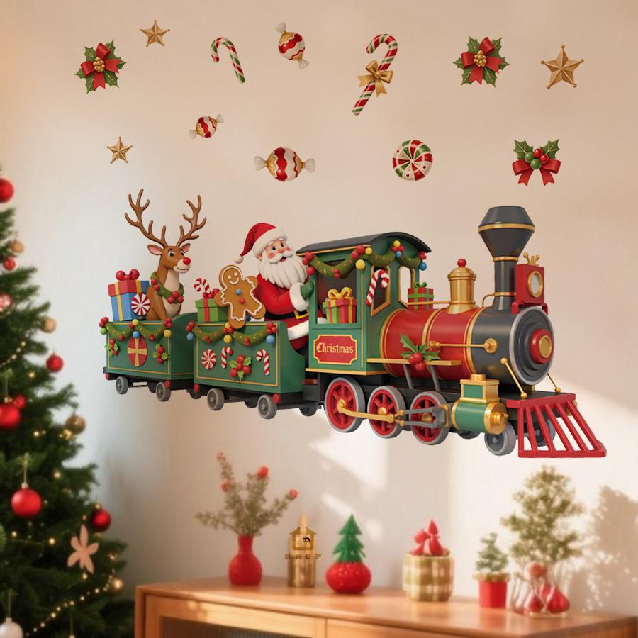 Verspielter Weihnachtsmann-Zug Weihnachts-Wandaufkleber Mit Süßigkeiten Stechpalme Abnehmbar Selbstklebend Für Kinderzimmer Restaurant Ladendekor