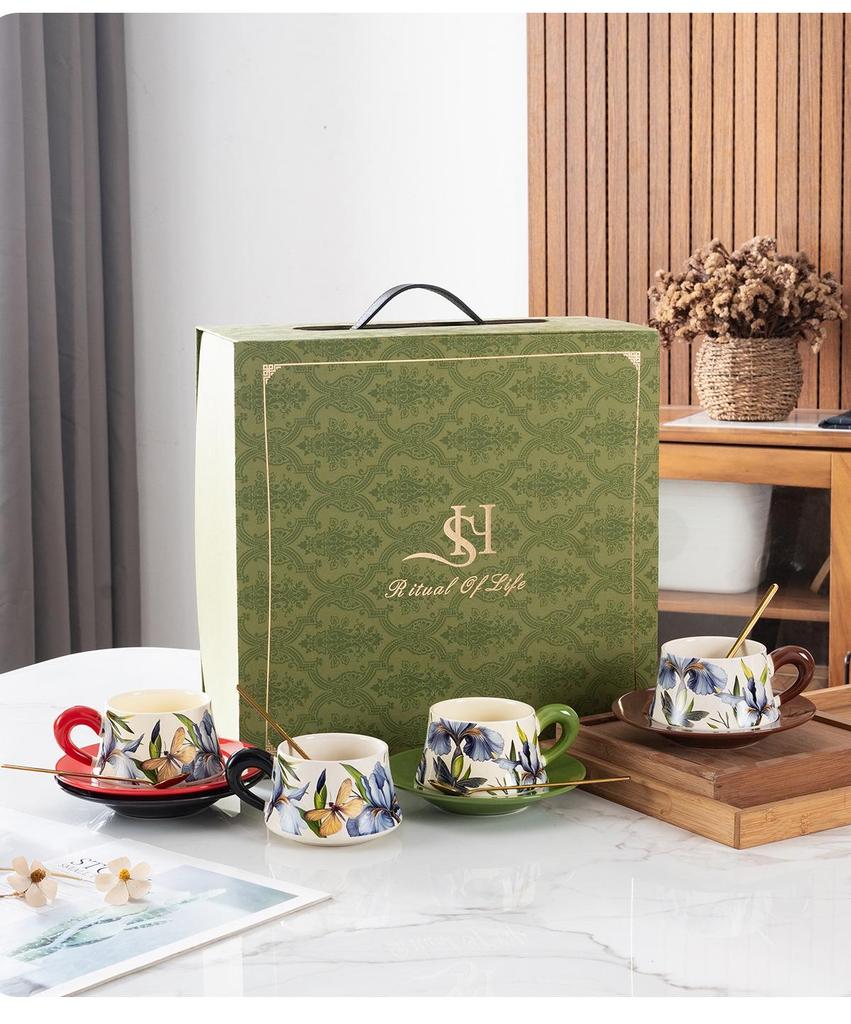Retro Floral Ceramic Coffee Cup & Saucer Set with Gift Box - Elegant Water Cup Souvenir