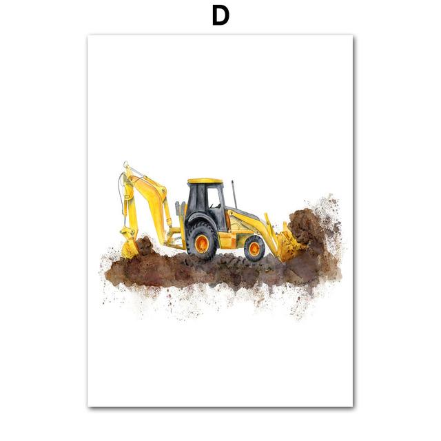 Jeřábový traktor, vysokozdvižný vozík, postřikovací bagr, závodní auto, malba na plátně, plakát a tiskárna, nástěnný panel, dekorace do dětského pokoje