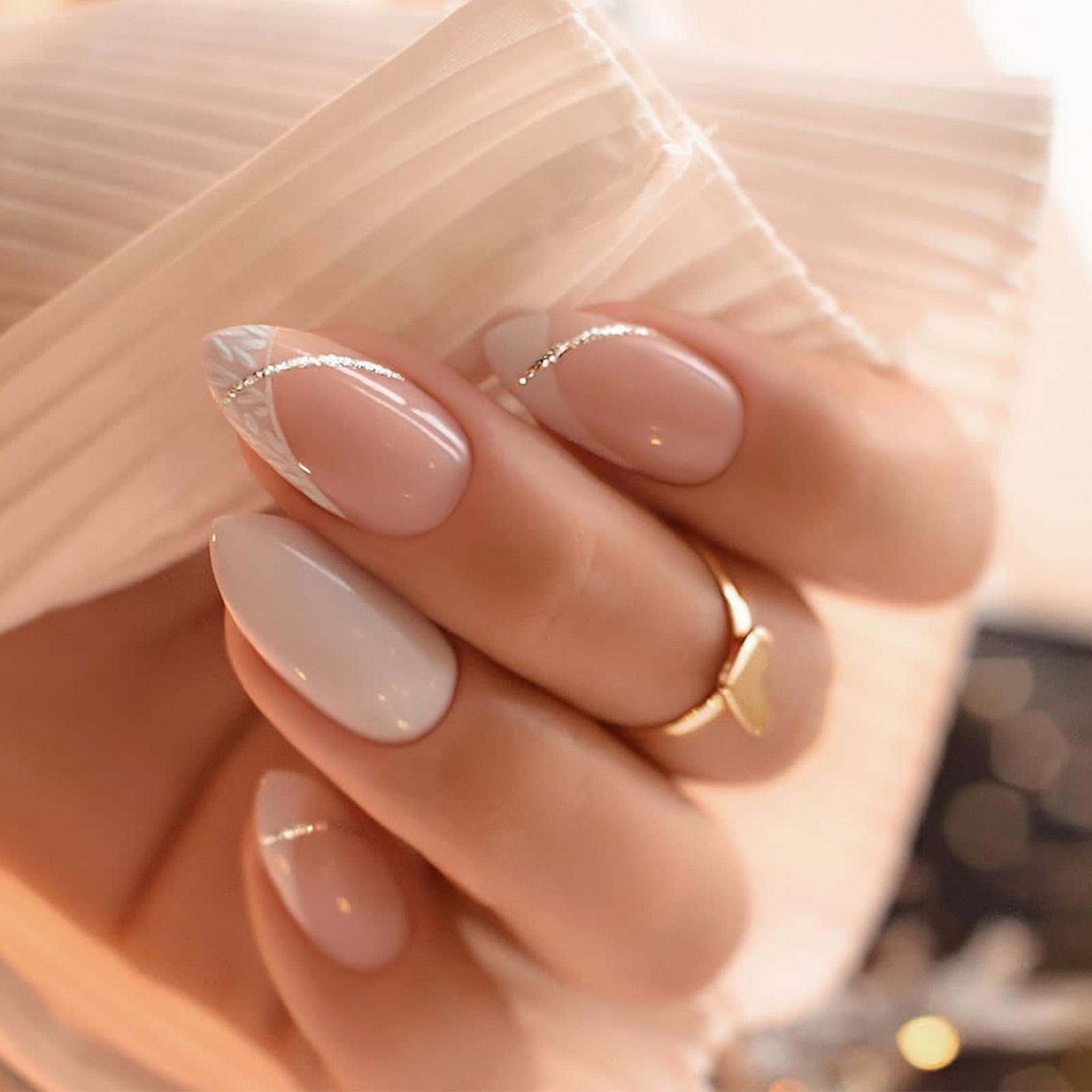 

24 шт. Накладные ногти миндалевидной формы с блестками, полосатым дизайном, во французском стиле, аксессуары для ногтей, самоклеящиеся ногти