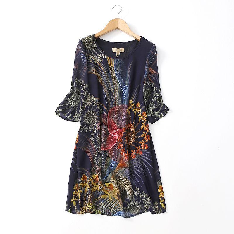

Special Price ~ Brand OEM Goods Loose Temperament Slimming Retro Floral Print Mid-Length Sleeves Chiffon Dress 600 + on Cabinet Navy blue bottom Print XL