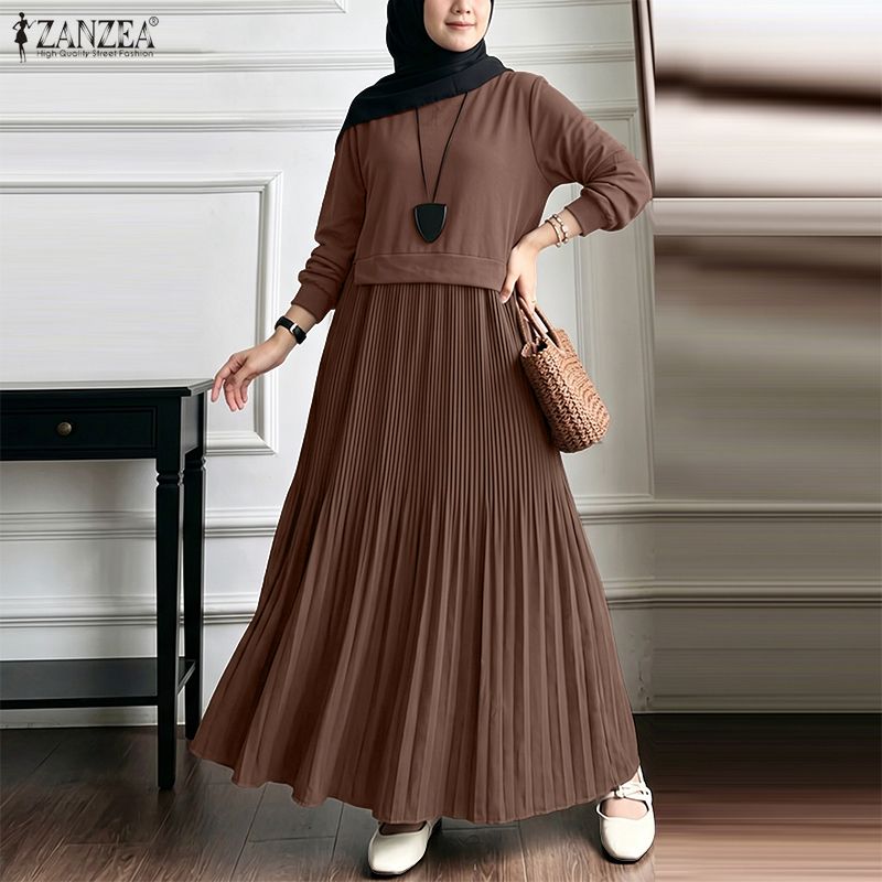 ZANZEA Abito casual musulmano da donna, girocollo, manica lunga, ampio, plissettato