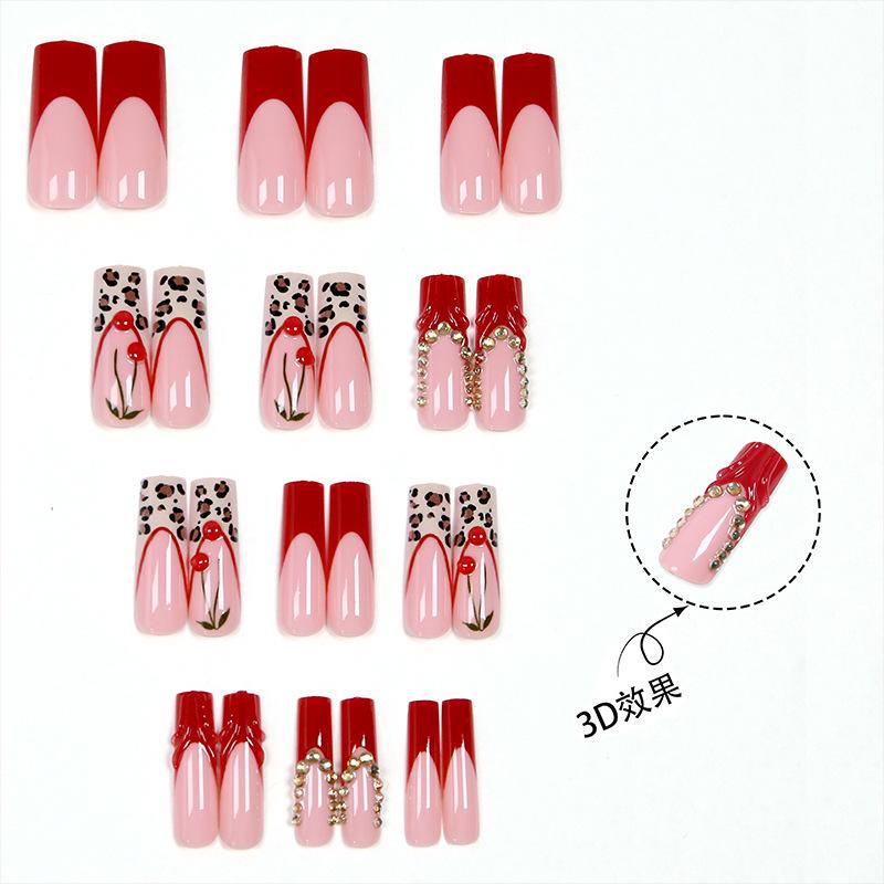 European Leopard Print 3D Cherry Blossom Long False Nails with Detachable Tips