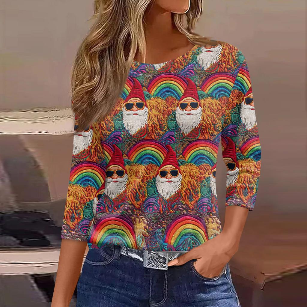 Women's Fashionable Casual Three Quarter Sleeve Christmas Printed Round Neck Top