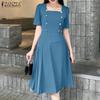 ZANZEA Elegant Casual Square Collar Short Sleeve Women Dress