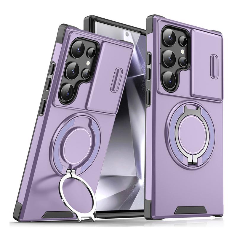 Ring Folding Magnetic Holder Dual Layer Phone Case For Samsung Galaxy S25 Edge S24 S23 Ultra FE Plus S22 S21 Slide Camera Cover