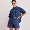 2025 Spring/Summer Women's Retro Casual Denim Short-Sleeve Shirt and Shorts Set