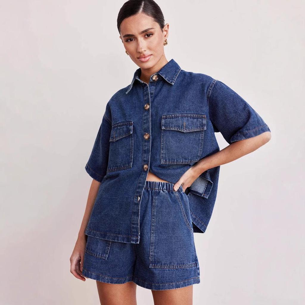 2025 Spring/Summer Women's Retro Casual Denim Short-Sleeve Shirt and Shorts Set