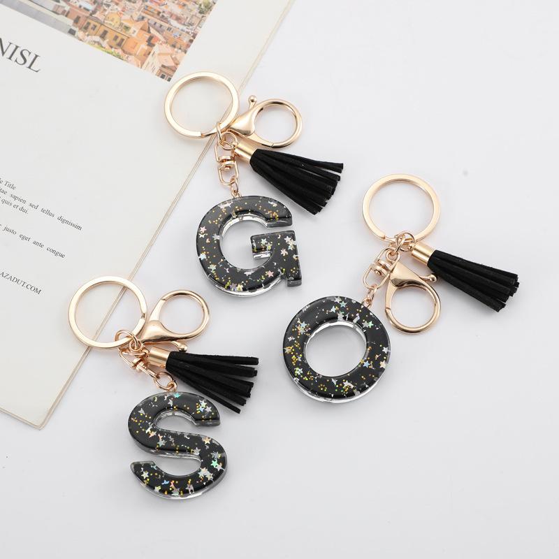 Black Glitter Star Sequins Resin 26 Letters Keychain Initials A-Z Keyring Tassel Charm Accessories Backpack Hanging Decoration