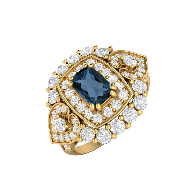 6X4MM Cushion London Blue Topaz Gemstone 925 Sterling Silver Gold Plated Solitaire Halo Women Engagement Ring 8