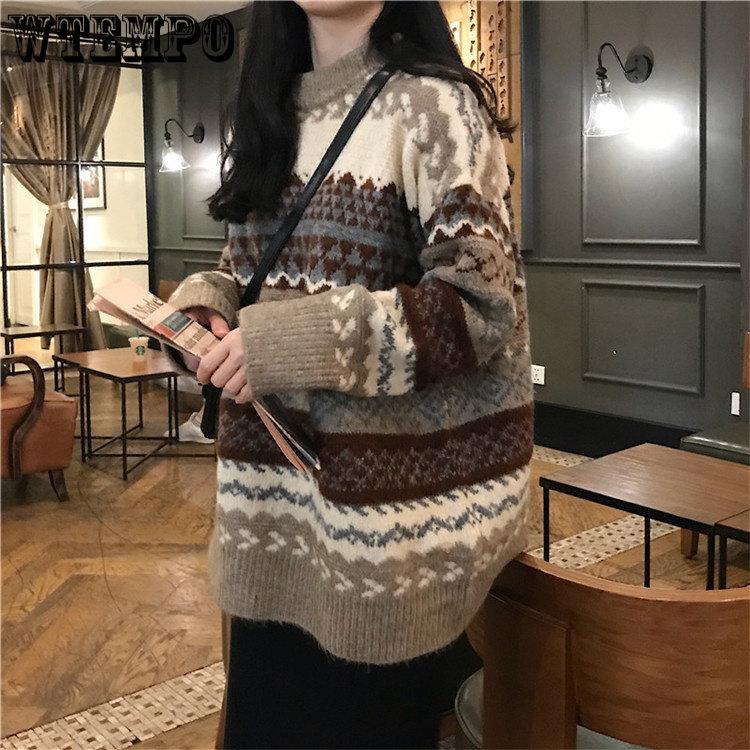 Dame Vår Høst Hverdagsgensere Stor Størrelse Rund Hals Strikkede Pullover Løse Stripete Pull Jumper Hverdagstopper