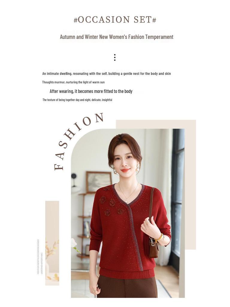 Mom's 2025 Autumn V-Neck Knitted Top - Fashionable Base Shirt for Middle-aged and Elderly Women