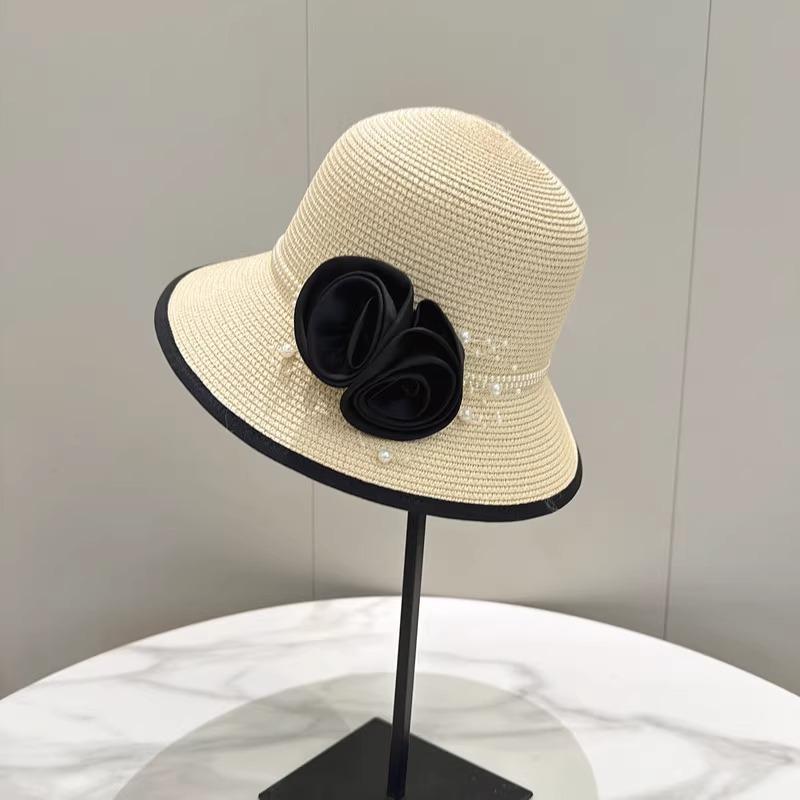 Vintage Rose Bucket Hat Women's Summer Sunshade Sunscreen Fashion Hepburn Style Straw Hat Straw Braided Bowler Hat
