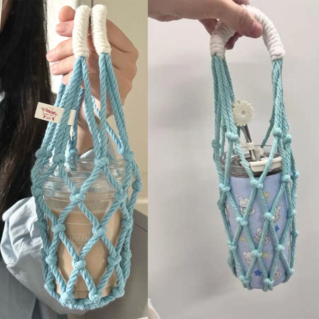 Portable Macrame Water Bottle Holder Hand Woven Cotton Rope Boho Cup Carrier for Coffee & Iced Drinks Outdoor Camping Supplies