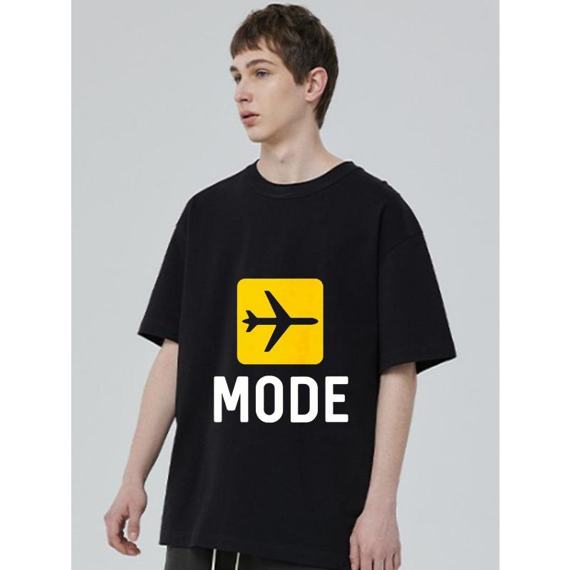 Crewneck T Shirt Black Airplane Icon and Mode Text Travel Fashion Casual Wear