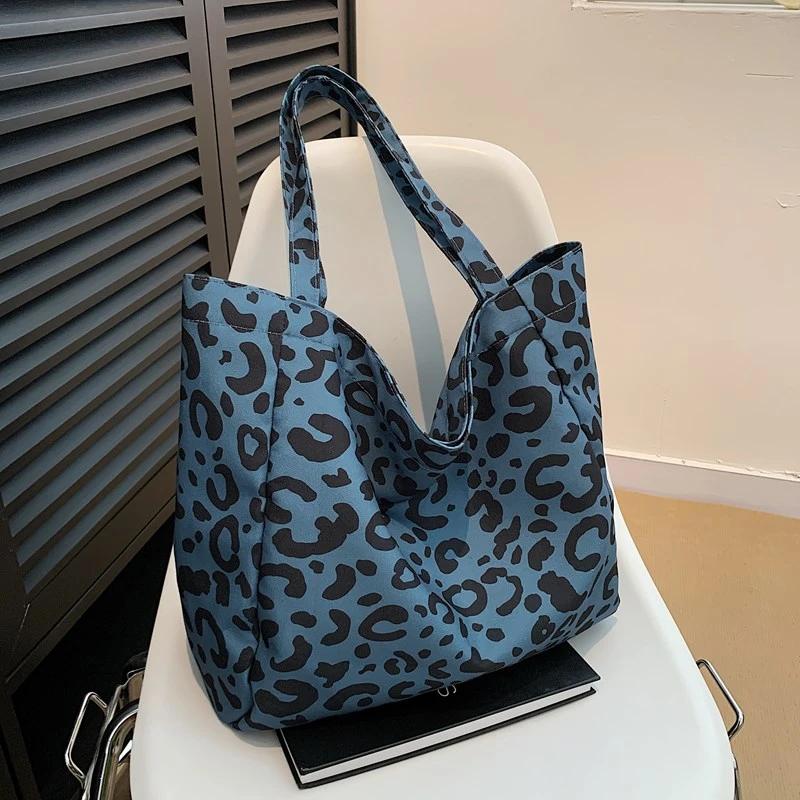 Bolso de hombro de lona con estampado de leopardo  cremallera de gran capacidad  moda versátil  bolso de hombro suave y sencillo  alta calidad