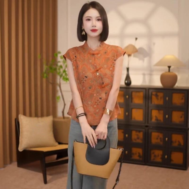 

Womens Multicolor Qipao Blouse Casual Mandarin Collar Frog Button Traditional Pattern Cap Sleeve Top M оранжевый