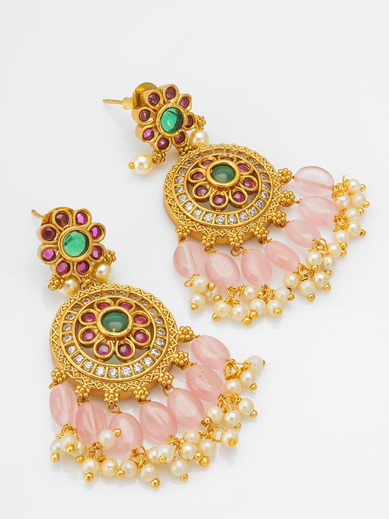 Gold-Plated Multi Stone-Studded & Beaded Temple Jewellery Set