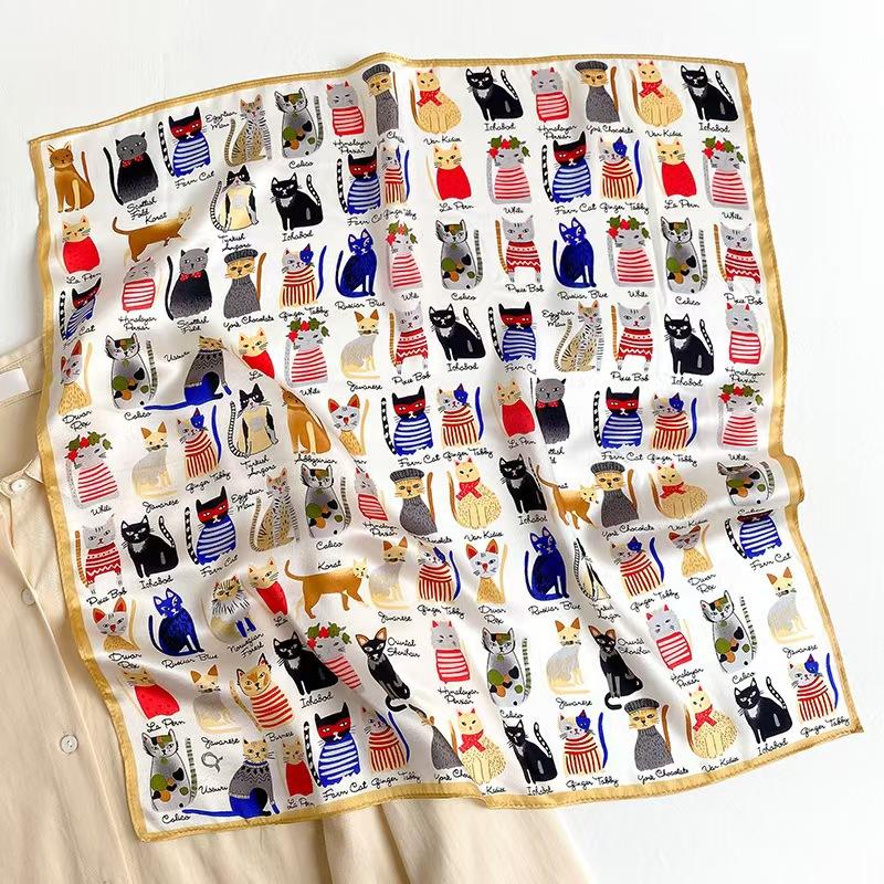 

100% Mulberry Silk Scarf Cute Cat Print Lightweight Square Scarf for Women Fashion Neck Scarf Hair Fall Women s Scarves 53-53cm белый