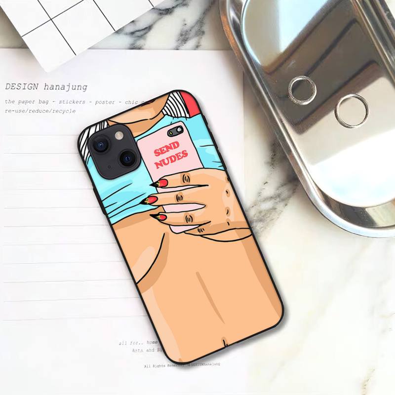 Skicka Nakenbilder Rolig T-shirt Trendigt Meme Mobilskal För iPhone 11 12 Mini 13 14 15 Pro XS Max X Plus SE XR Skal