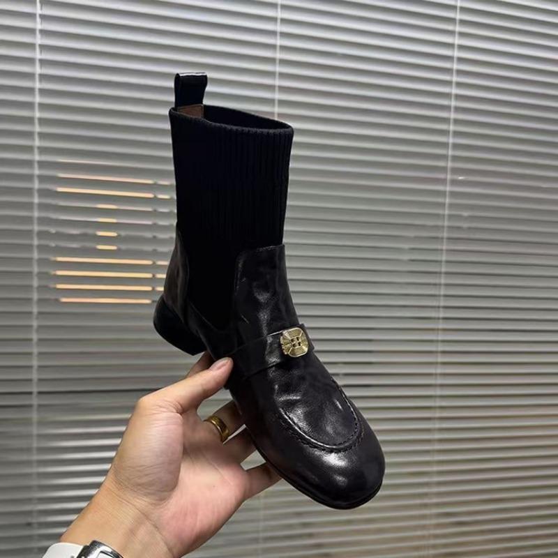 Weiche Lederschuhe, Dicksohliger Mittelabsatz, Neue Runde Zehenpartie, Strick-Elastische Sockenstiefel mit dickem Absatz für Damen