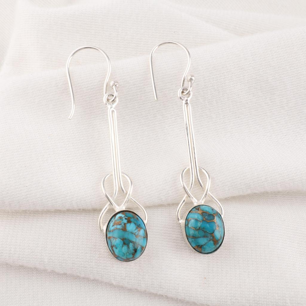 Blue Copper Turquoise Handmade Gemstone Earrings, 925 Solid Sterling Silver Earrings Dainty Silver Jewelry, For Engagement Gift