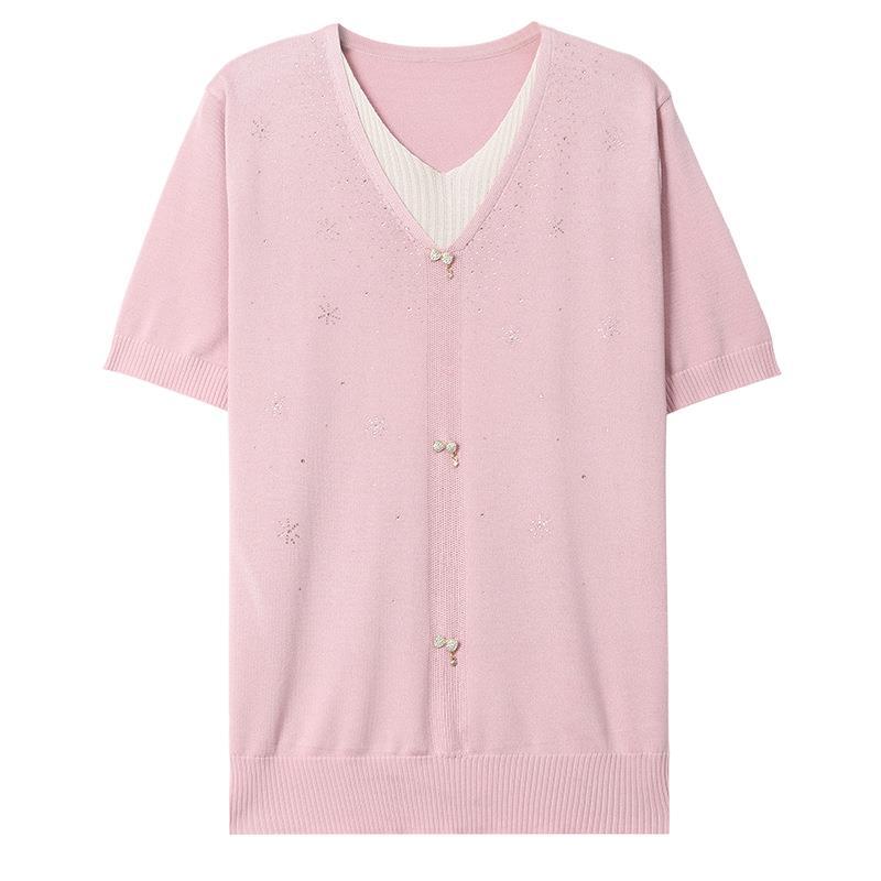 Mom's Stylish Summer Ice Silk Blouse: Middle-Aged Women's Short-Sleeve Knit T-Shirt with Faux Two-Piece Design