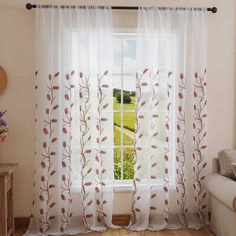 Rod Pocket Design Semi Sheer Curtain Easy Installation Wheat Embroidered Voile Drape Light Filtering for Home Decors