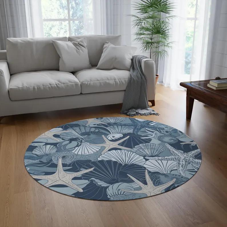 Ocean Wave Round Rug Starfish Beach Carpet Coastal Nautical Round Floor Rug Sea Shell Marine Decor Visual 3D Ocean Wave Decor