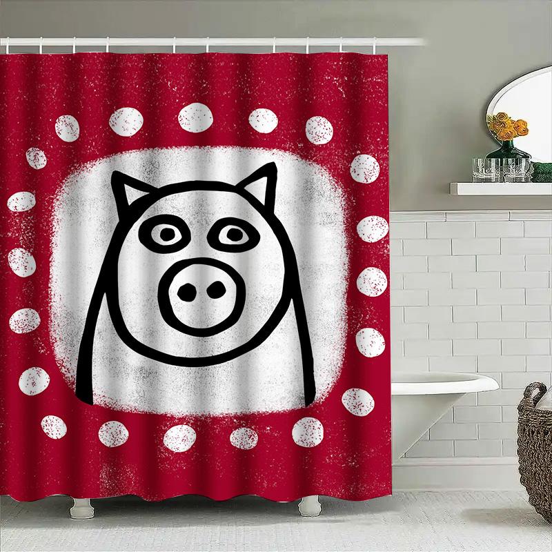 Red Shower Curtain with Polka Dots Dog Design Waterproof and Washable for Bathrooms Decoration