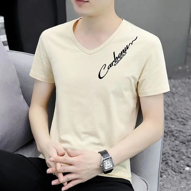 Top V Neck Streetwear Blue Clothing Alphabet Man Tee Shirts Smooth T Shirt for Men Summer Chic Fashion Hot High Quality Xl S