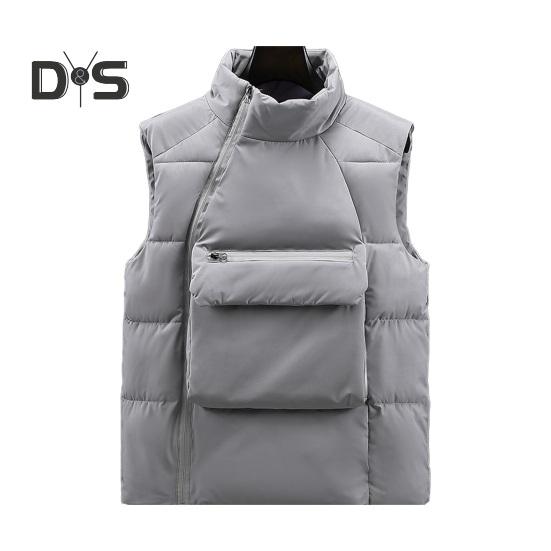 Men Down Waistcoat Stand Collar Sleeveless Oblique Zipper Closure Vest Coat with Front Pockets Solid Color Cotton Coat