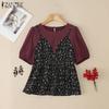 Women Casual Floral Print Patchwork Summer Short Sleeve Blouse