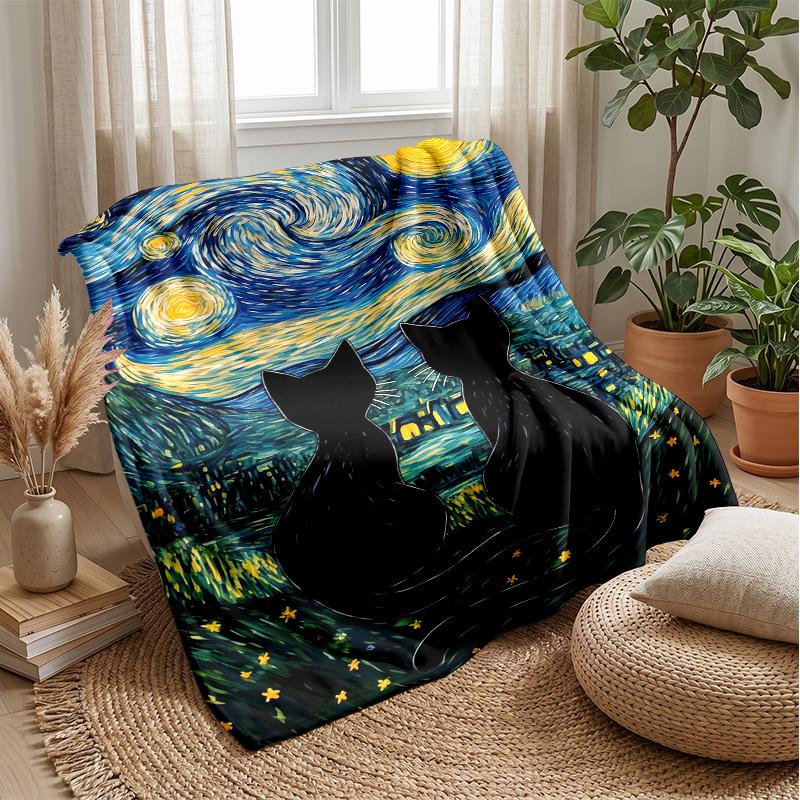 Starry Night Cat Theme blanket Lightweight Warm Flannel Blanket Decorative Throw Blanket for Home Decoration