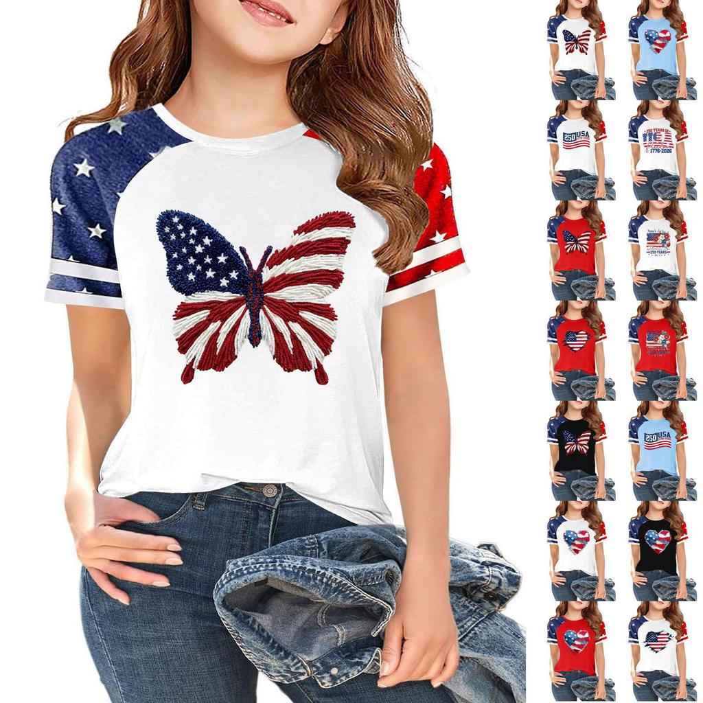 Women's Casual Short Sleeve Crew Neck T-Shirt Independence Day Print Raglan Sleeve Lightweight Cotton Blend Top for Summer
