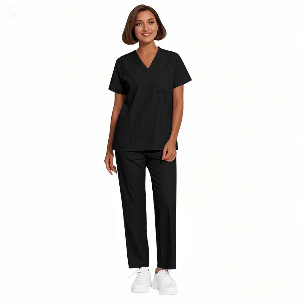 Damen Mode Kurzarm V-Ausschnitt Gemustert Tops Tasche Arbeits Set
