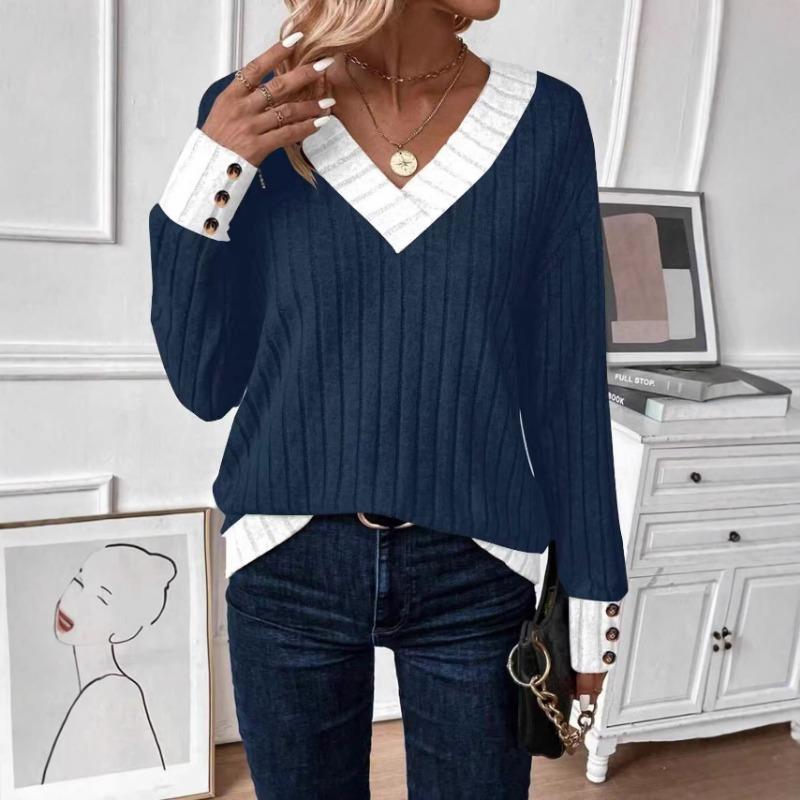 Women S Casual V Neck Solid Color Long Sleeve T Shirt With Splice