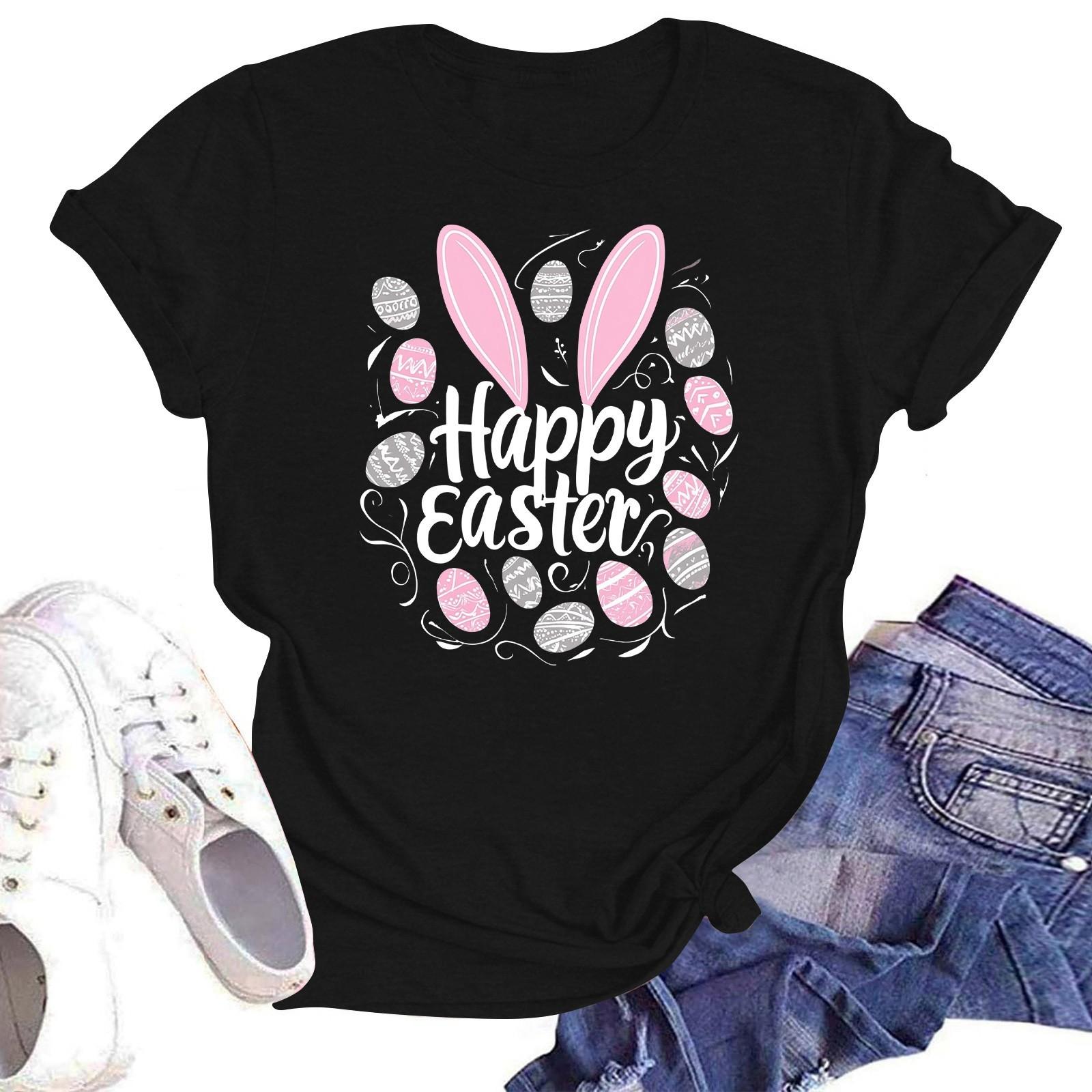 

Счастливой Пасхи женская мода принтованный круглый вырез короткий рукав футболка пуловер топ L чёрный