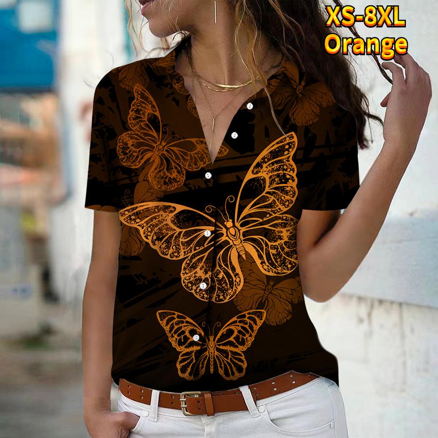 2025 Sommer Neue Mode Damen Schmetterling Bedruckt Kurzarm V-Ausschnitt Lässig Knopfleiste Hemd Top