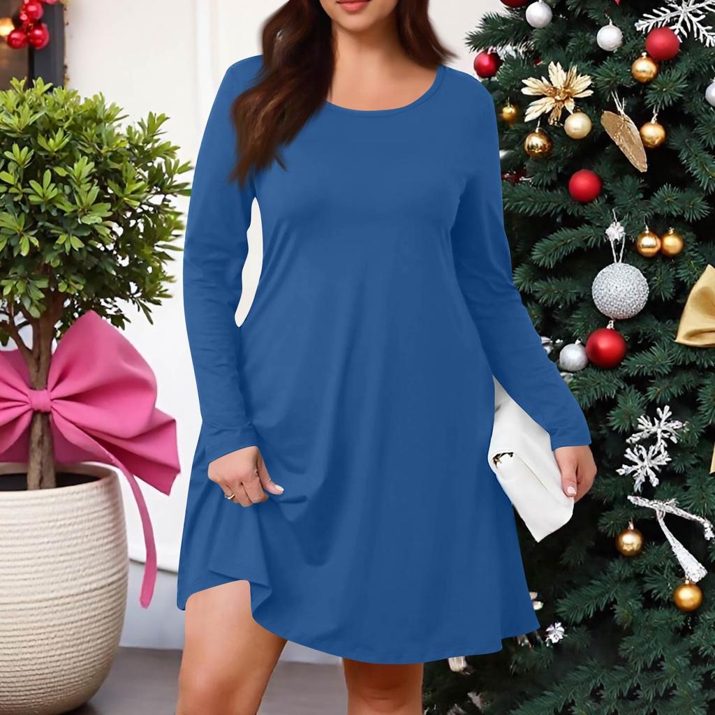 Plus Size Women's Solid-Colour Casual Dress Spring Pocket Round Neck Long-Sleeved Dress