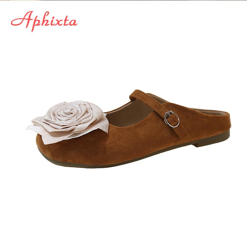 Fashion Aphixta New Big Flower Dec Slippers Khaki Sweet Women Slippers Soft Sole Slip On Outside Round Toe Shoes Flat Heel Fashion Slide