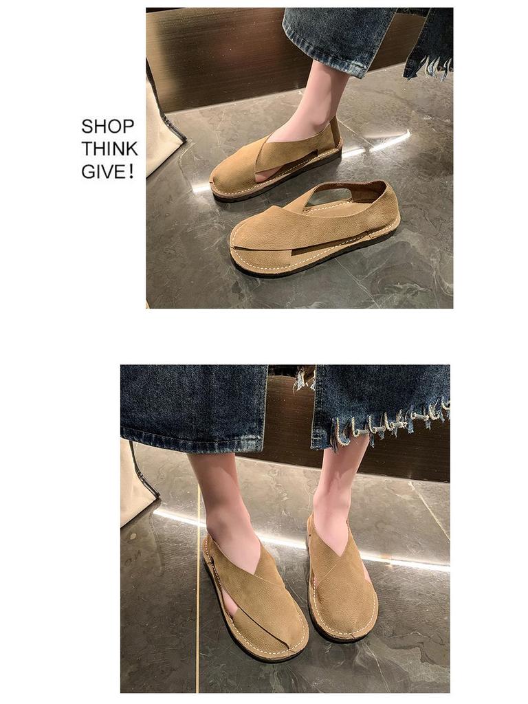 2024 Sommar Mjukt Läder Dam Rund Tå Slip-on Fiskarsandaler, Retrostil, Plusstorlek Finns