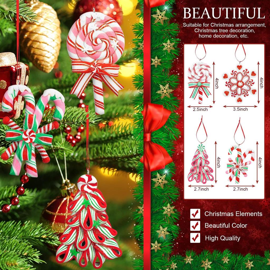 8 Pieces Peppermint Lollipop Candy Christmas Tree Ornaments Set,Polymer Clay Candy Lollipop Hanging Ornaments with Lollipop,Snowflake, Candy Cane for