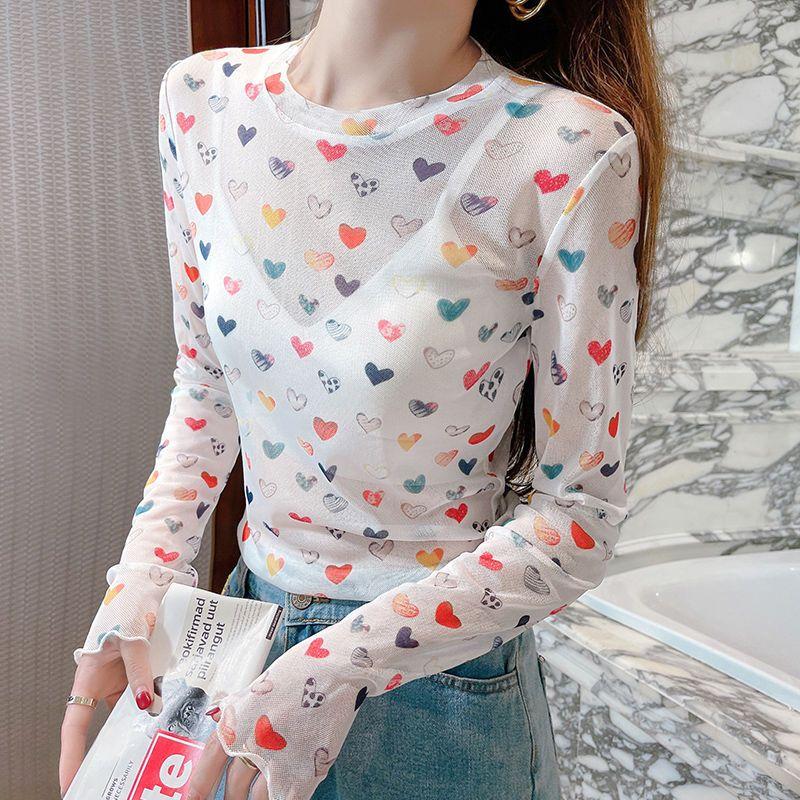 Love Ice Silk Sunscreen Primer Women's Summer Thin T-shirt Long Sleeve Mushroom Breathable Mesh Round Neck Top