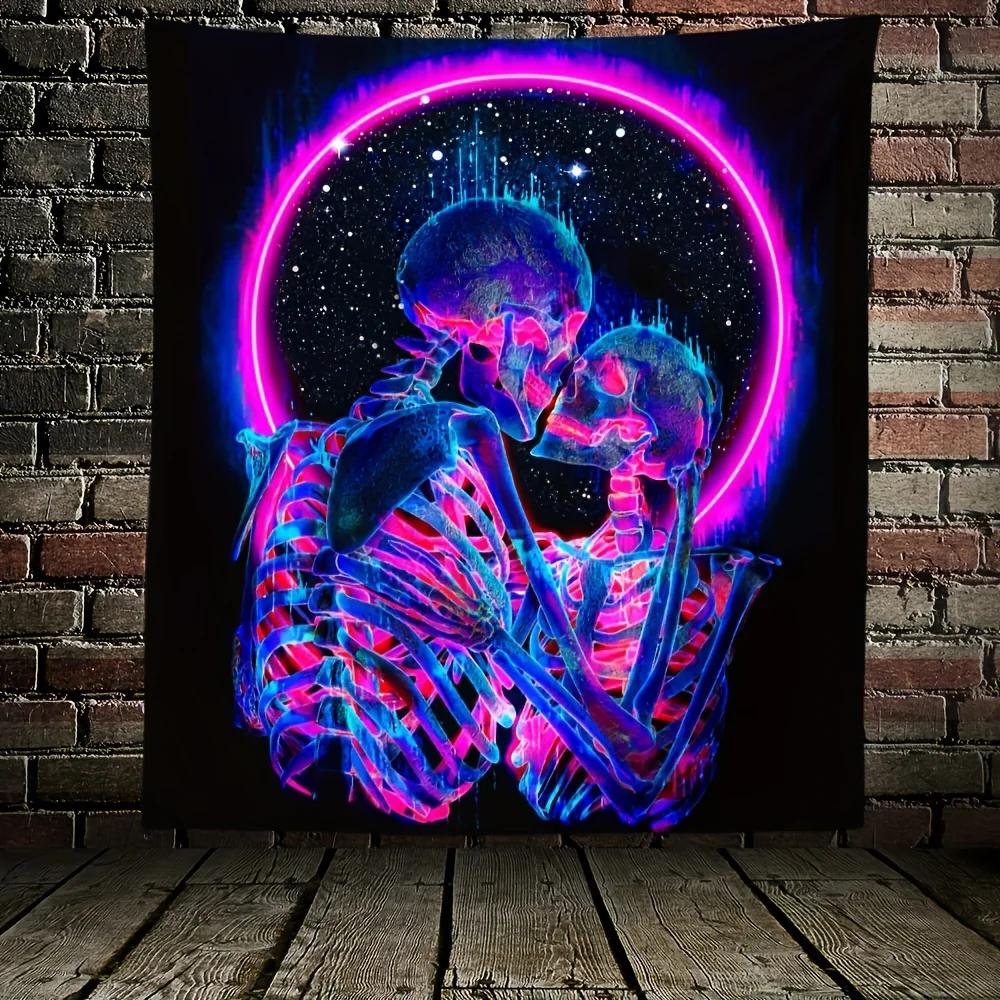 VIKAMA Neon Skull Couple Cyber Tapestry Art Home Decor Wall Hanging Suitable for Living Room Bedroom Home Decor