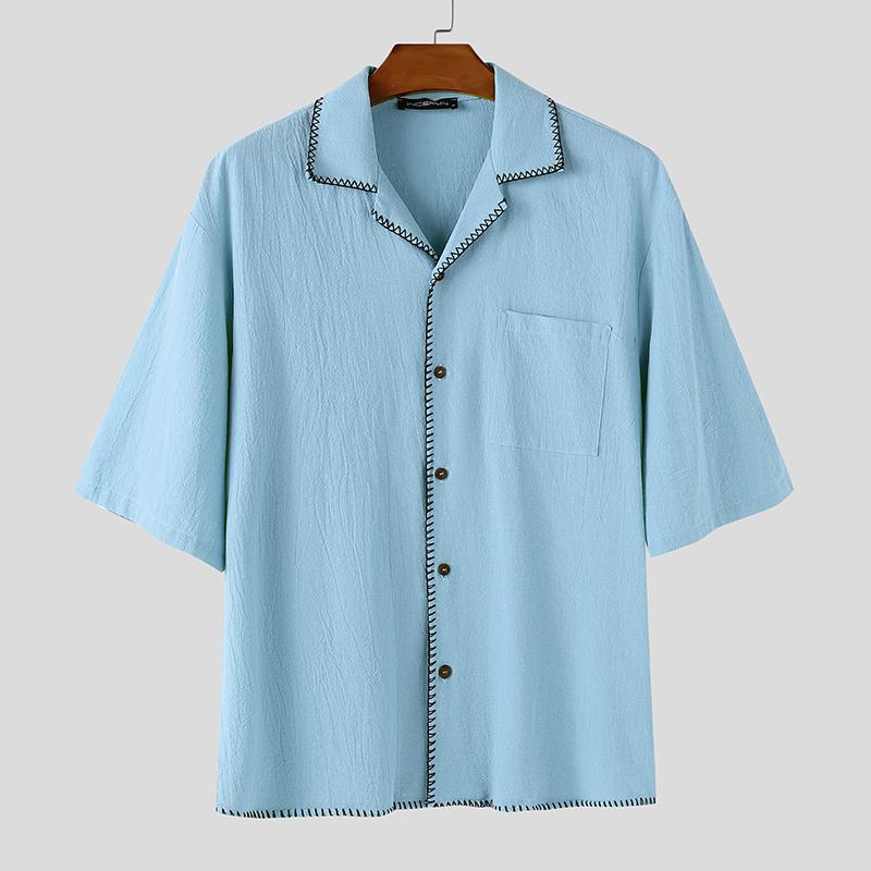 INCERUN Cămăși de vară pentru bărbați cu mânecă scurtă, cusături casual, vintage, din bumbac