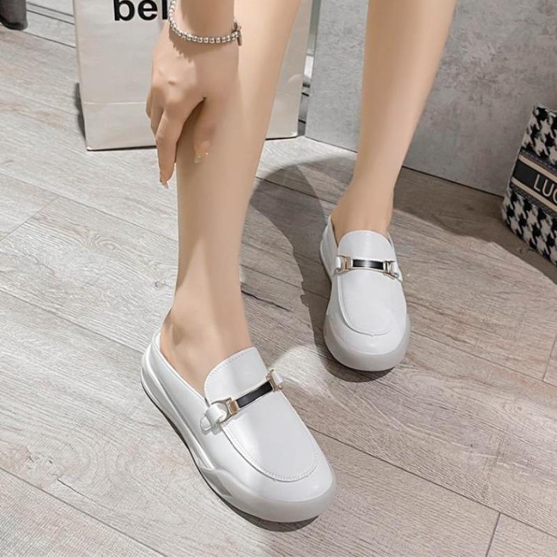 Women's Mules Shoes for Women  Platform Fashion Leather Designer White Comfortable Slippers and Sandals Elegant Heel Shoe