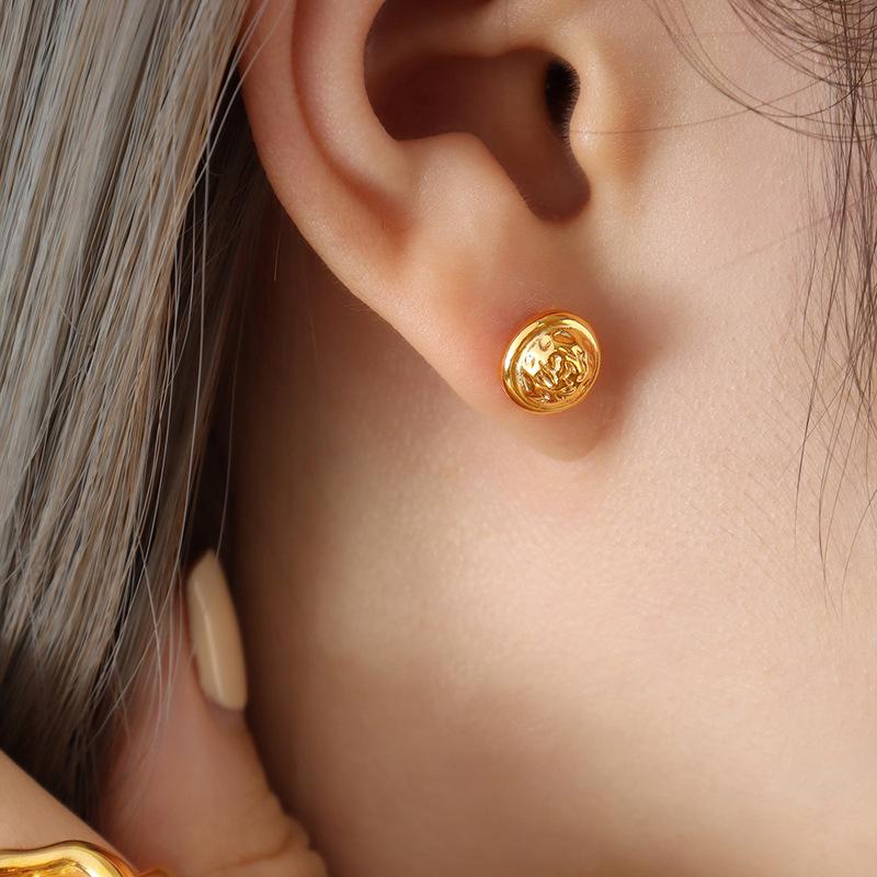 European Geometric Irregular Texture Titanium Steel Round Stud Earrings