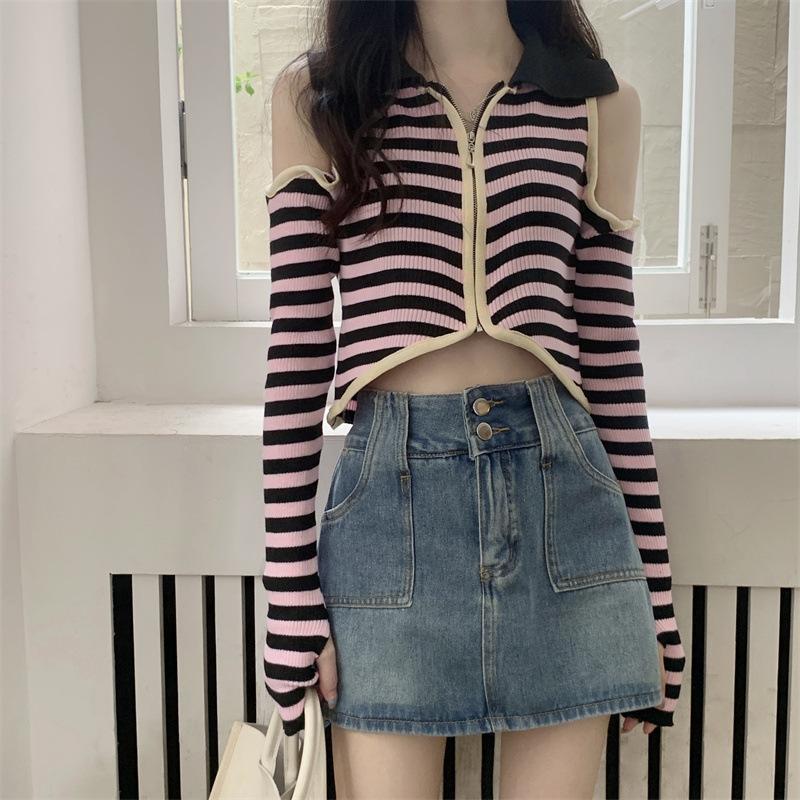 Autumn Winter Polo-neck Off the Shoulder Knitting Striped Crop Top Women Long Sleeve Hollow Zipper Sweater